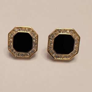 Vintage Gold Tone Black Octagon Earrings